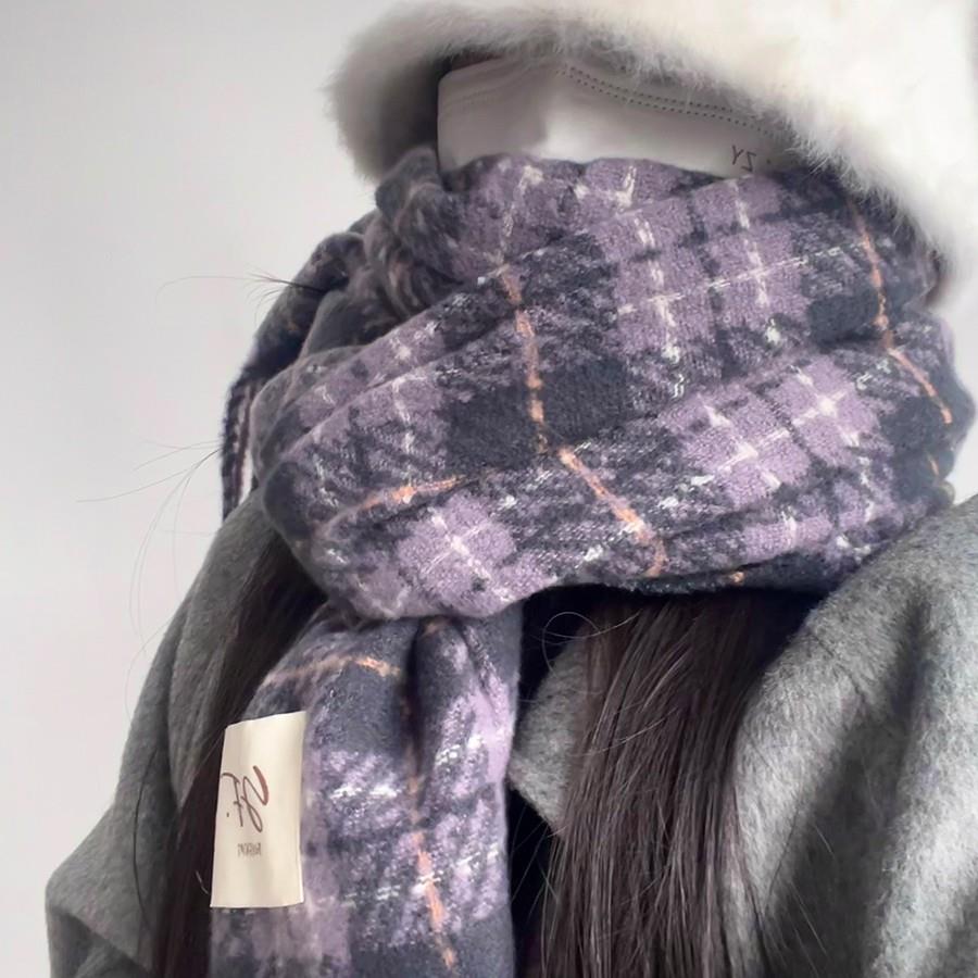 新疆包邮新疆包邮新款香芋紫格子围巾女冬季韩系加厚保暖学生贴标