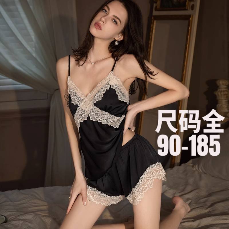 大码吊带胸垫睡裙两件套黑色蕾丝性感夏季诱惑火辣纯欲风网红睡衣