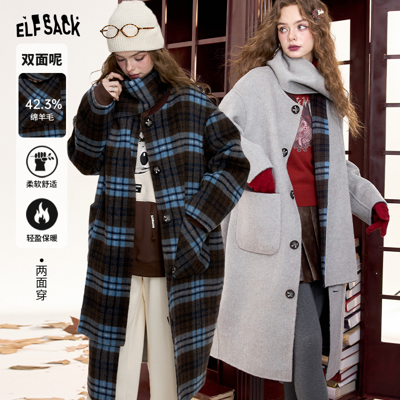 【夏夏】妖精的口袋复古格纹长款毛呢外套女2024冬季新款设