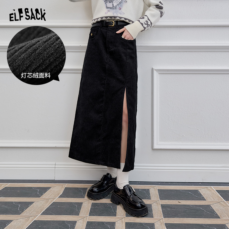 【夏夏】妖精的口袋黑色灯芯绒侧开叉半身裙女2024年秋冬新