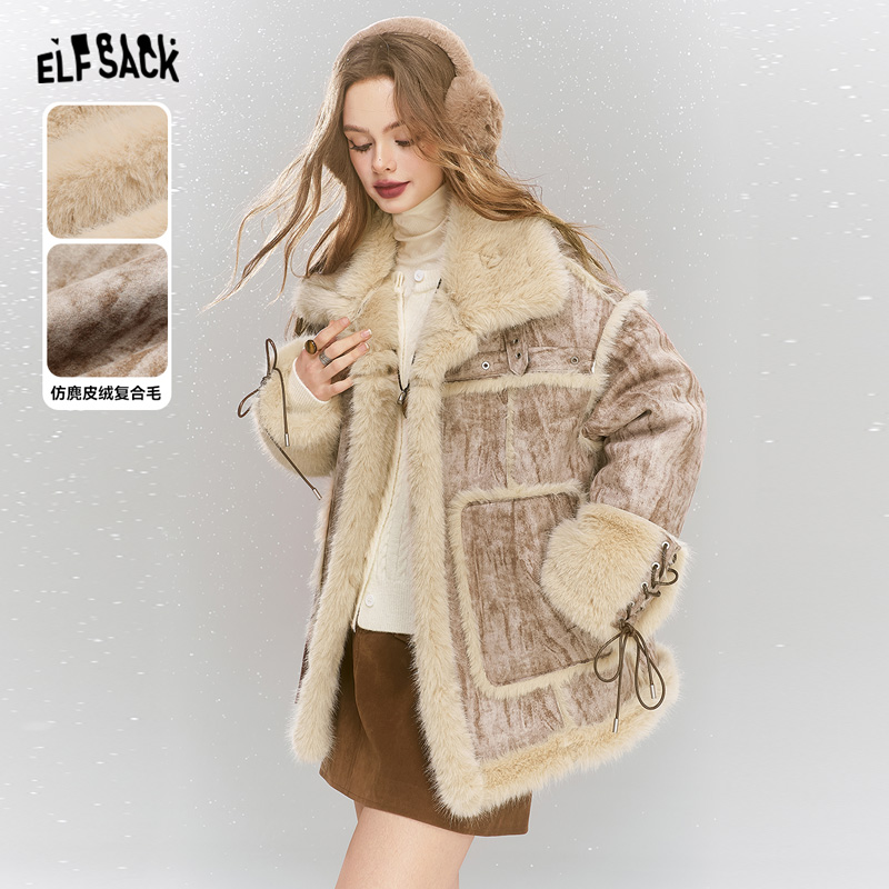 【夏夏】妖精的口袋毛绒绒仿麂皮绒拼接毛呢外套女2024年冬季