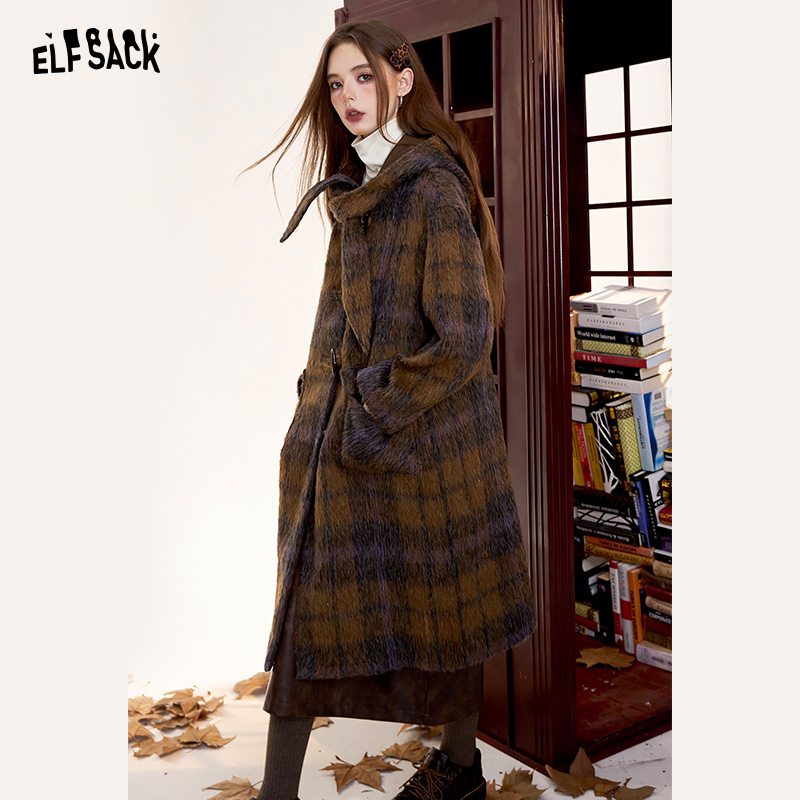 【云c专属】妖精的口袋咖色格纹连帽长款毛呢外套女2024年冬季新