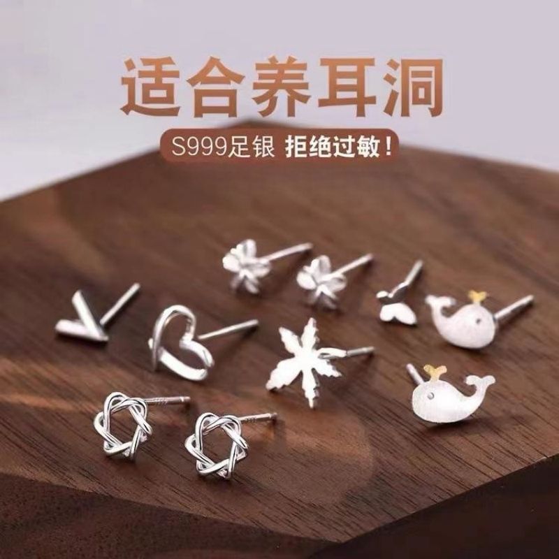 足银耳饰 999纯银耳钉女养耳洞防过敏耳棒足银耳针养耳洞睡觉免摘
