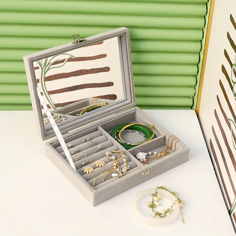 灰色首饰收纳盒大容量带镜子耳环耳钉首饰盒绒布防尘收纳盒