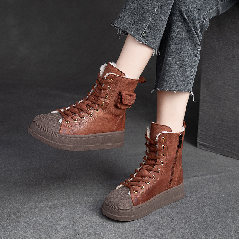 2023年冬季新款保暖棉靴圆头厚底女短靴头层牛皮简约设计款女鞋