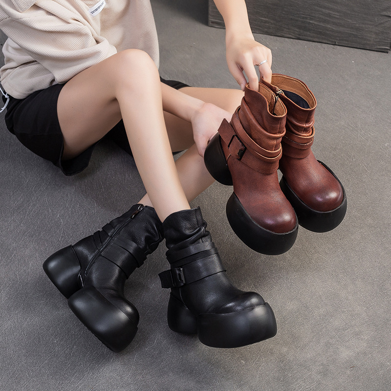2024冬季新款真皮增高堆堆短靴英伦风马丁靴高档轻奢简约舒适女鞋