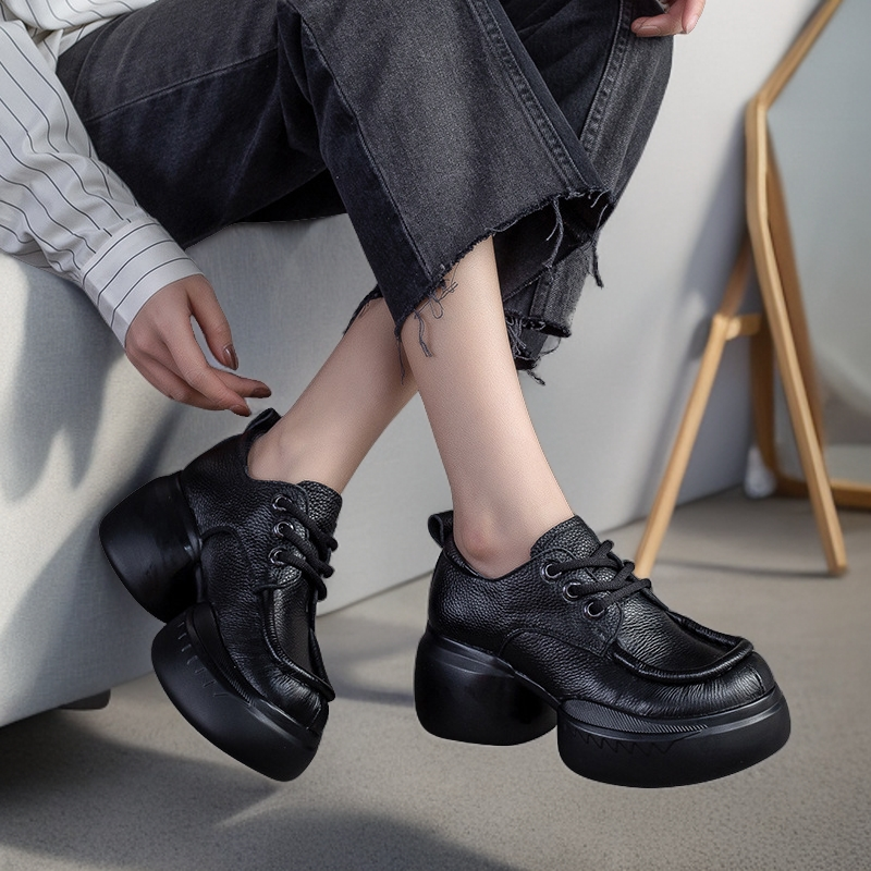 黑色春季新款松糕鞋前系带休闲单鞋小个子增高复古洋气百搭女鞋