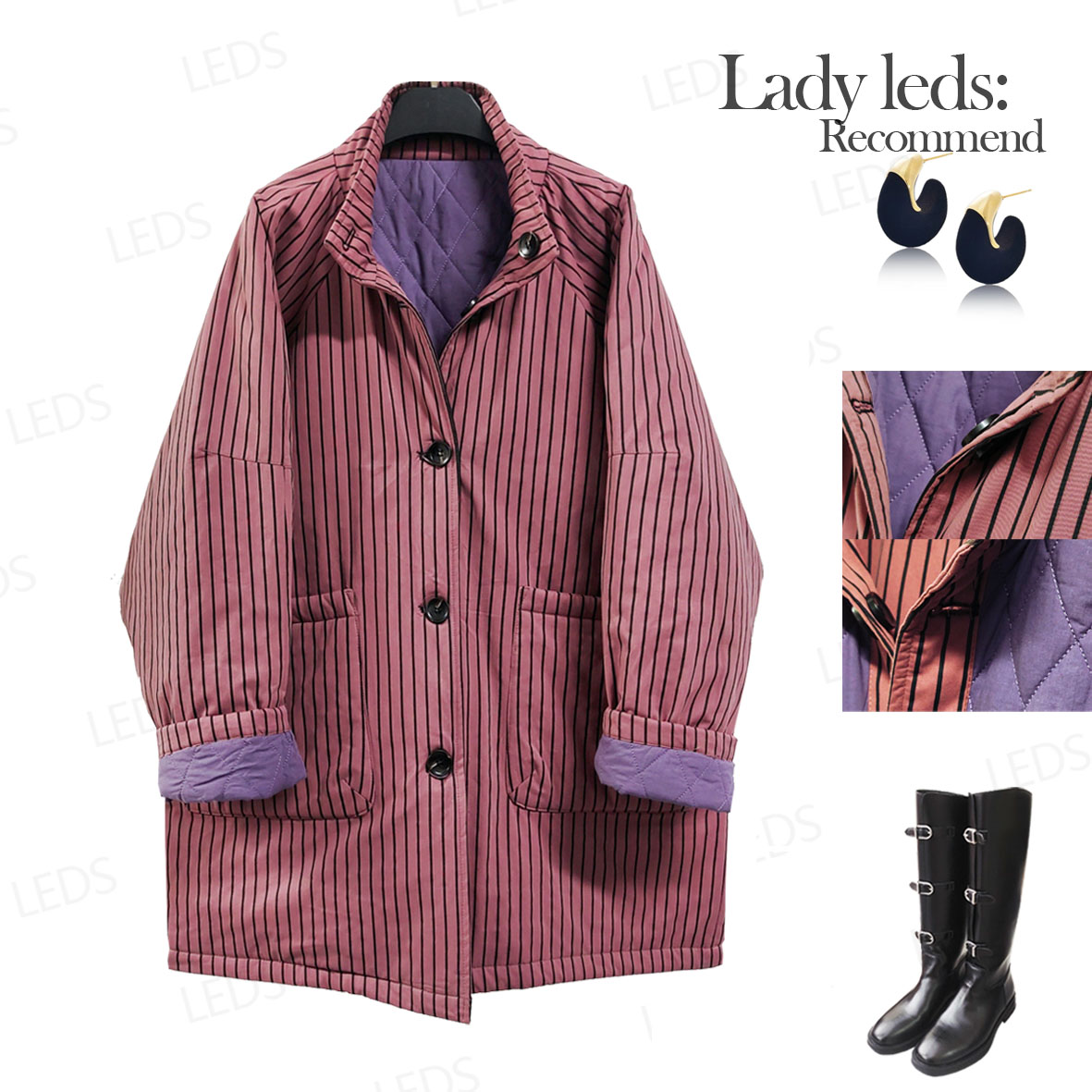 LEDS S532冬季新款休闲百搭紫色两面穿棉服外套
