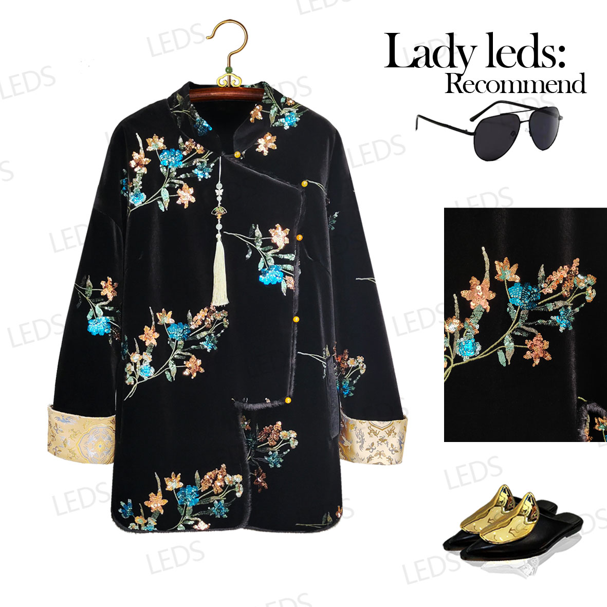 LEDS 24019秋季新款时尚复古重工新国风中式亮片外套