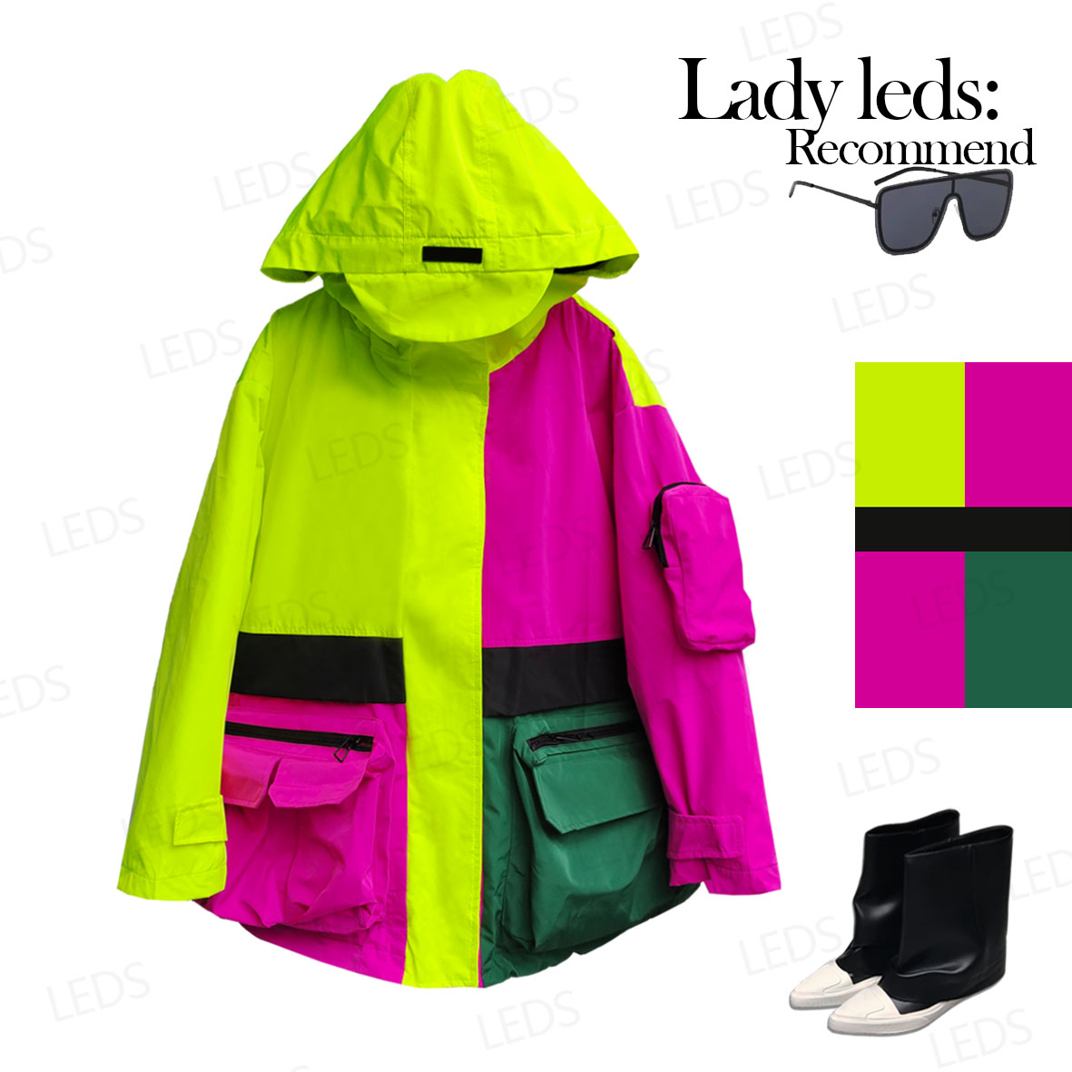 LEDS 020秋季新款时尚休闲防风个性撞色连帽厚外套