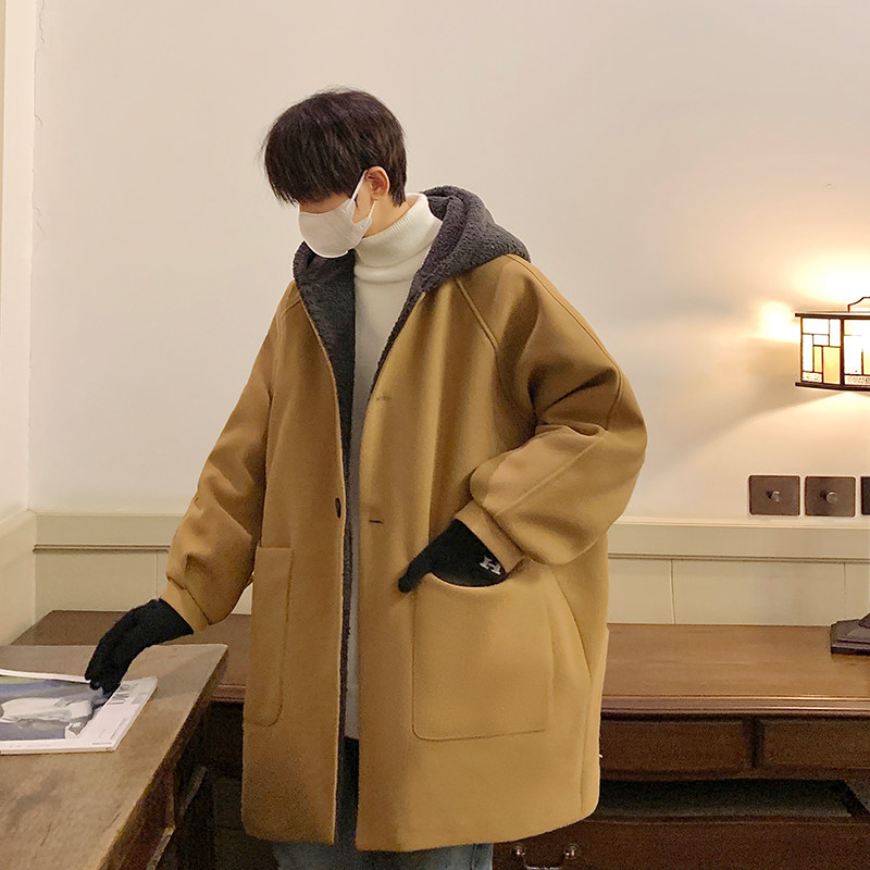 中长款毛呢大衣男冬季帅气宽松外套潮加厚呢子纯色连帽风衣保暖