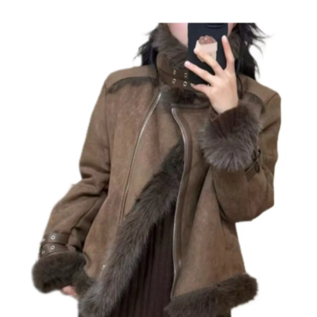 冬季防寒皮毛一体加厚短外套女气质轻奢时尚大衣