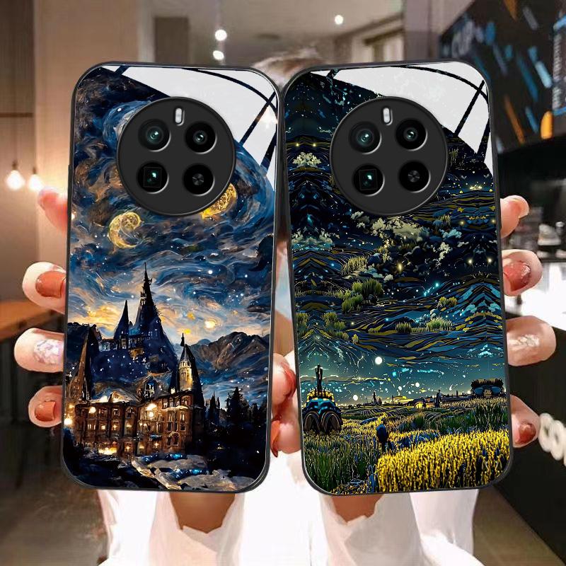 适用realmegt5pro手机壳真我GT5PRO手机壳梵高风景星空玻璃壳全包