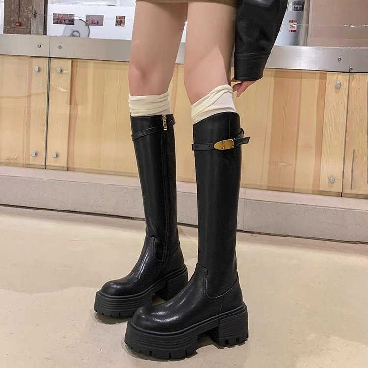 达芙妮2023新款时尚百搭法式复古小个子不过膝厚底增高显高骑士靴