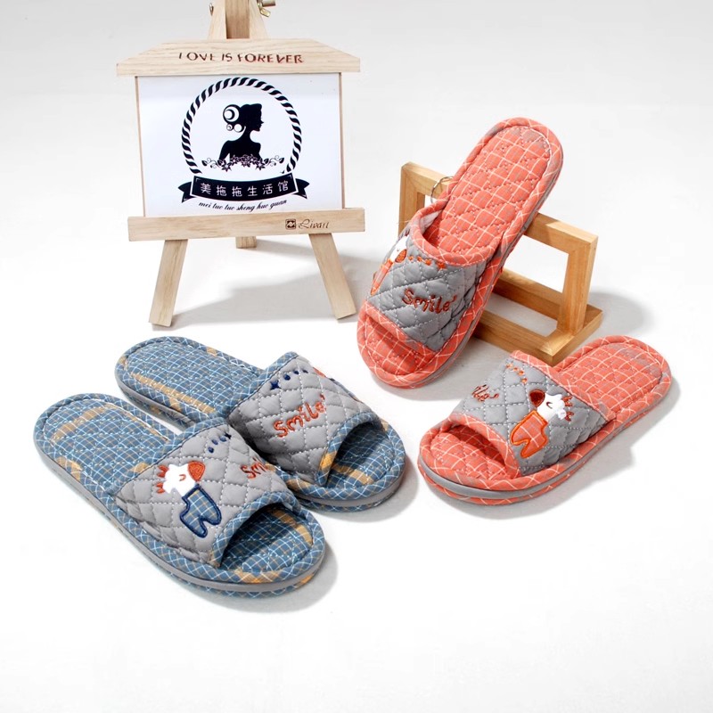 纯棉布家居情侣拖鞋卡通加厚防滑室内地板地钻保暖静音软底拖鞋