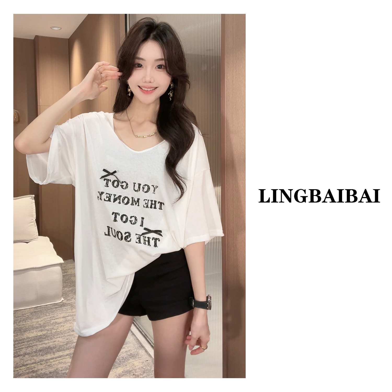 【U领字母】慵懒大领口oversize高级感春夏宽松小众薄款短袖T恤女