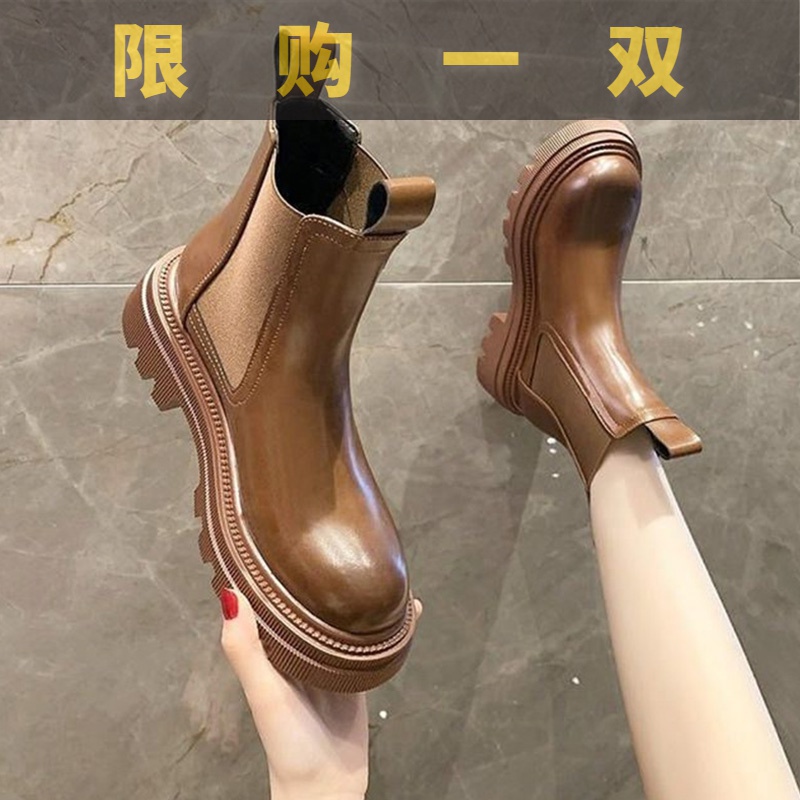 红蜻蜓牌烟筒马丁靴女爆款2023秋冬新款厚底加绒中筒烟管切尔西SS