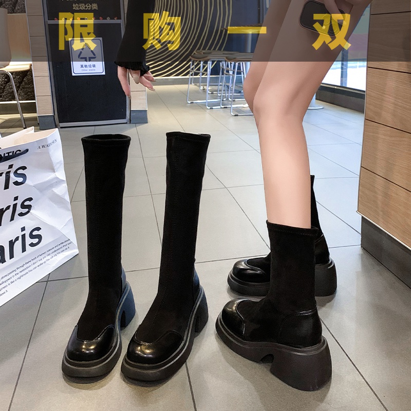 红蜻蜓牌时尚厚底高跟长靴女2023年秋季新款复古英伦风百搭瘦瘦SS