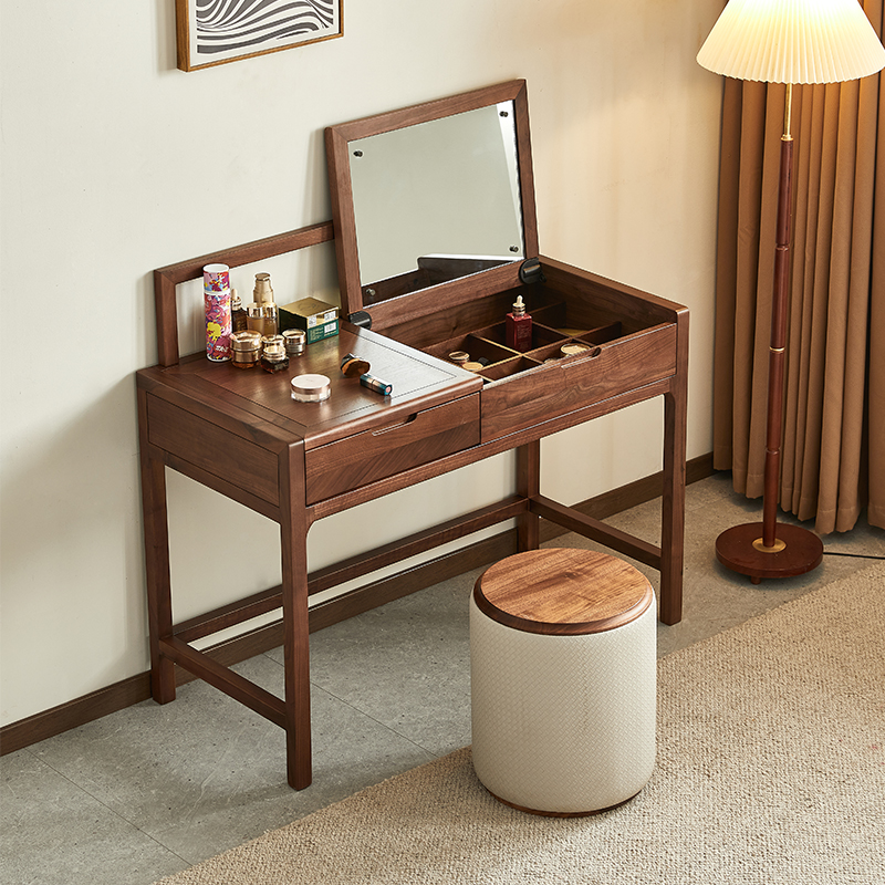【北美黑胡桃木】梳妆台北欧简约实木化妆桌卧室家用翻盖梳妆桌（ZB）