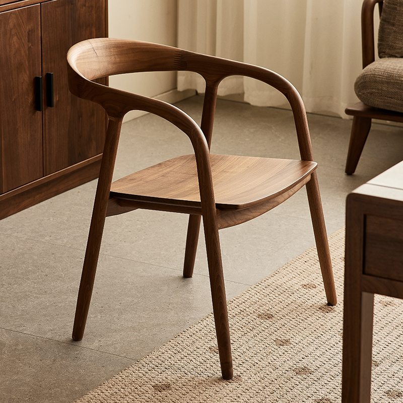 澜庭阁北欧简约全实木书椅餐椅设计师家用北美黑胡桃木书房扶手椅
