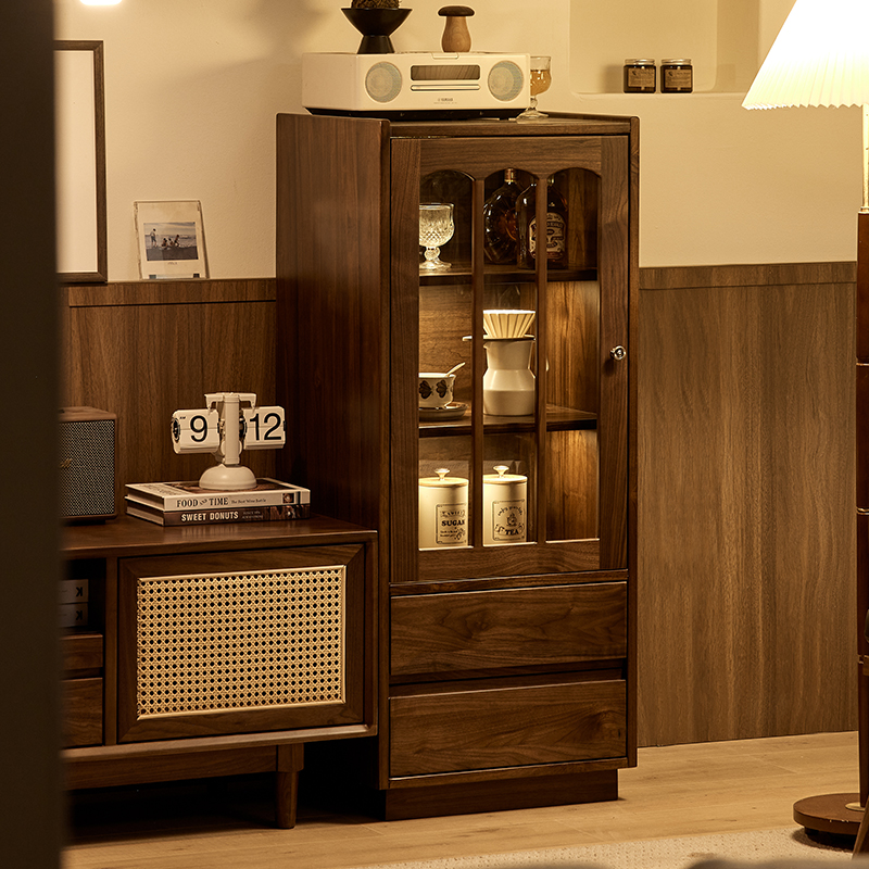 【北美黑胡桃木】北欧复古小酒柜全实木沙发边柜展示柜轻奢落地（ZB）