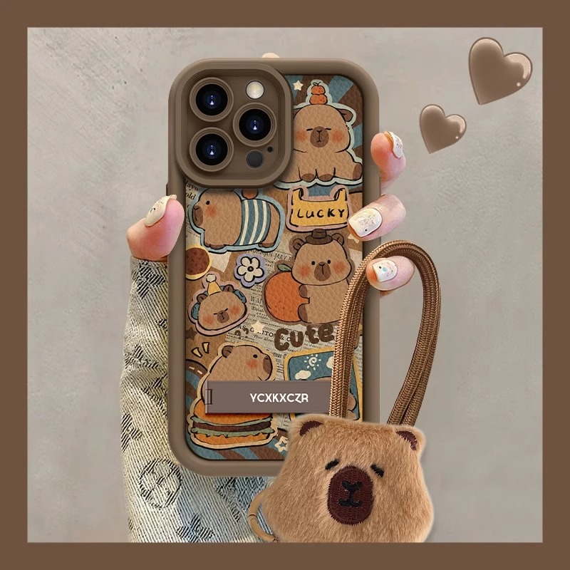 可爱小豚鼠适用苹果16promax手机壳新款小羊皮iphone15pro卡通彩