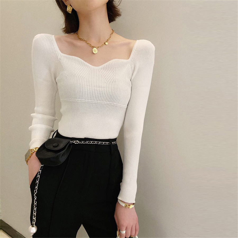 法式复古加厚针织衫花瓣领秋冬打底毛衣女套头露锁骨性感上衣女