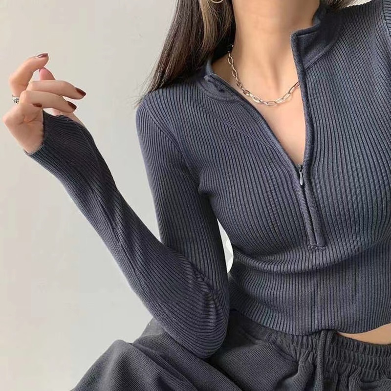 半高领拉链纯色针织衫春秋长袖内搭打底衫百搭短款露脐显瘦上衣女