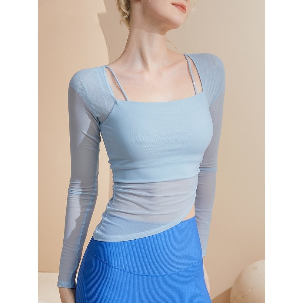 【冬新品】的确假两件网纱固定杯运动内衣女健身瑜伽服修身长袖秋