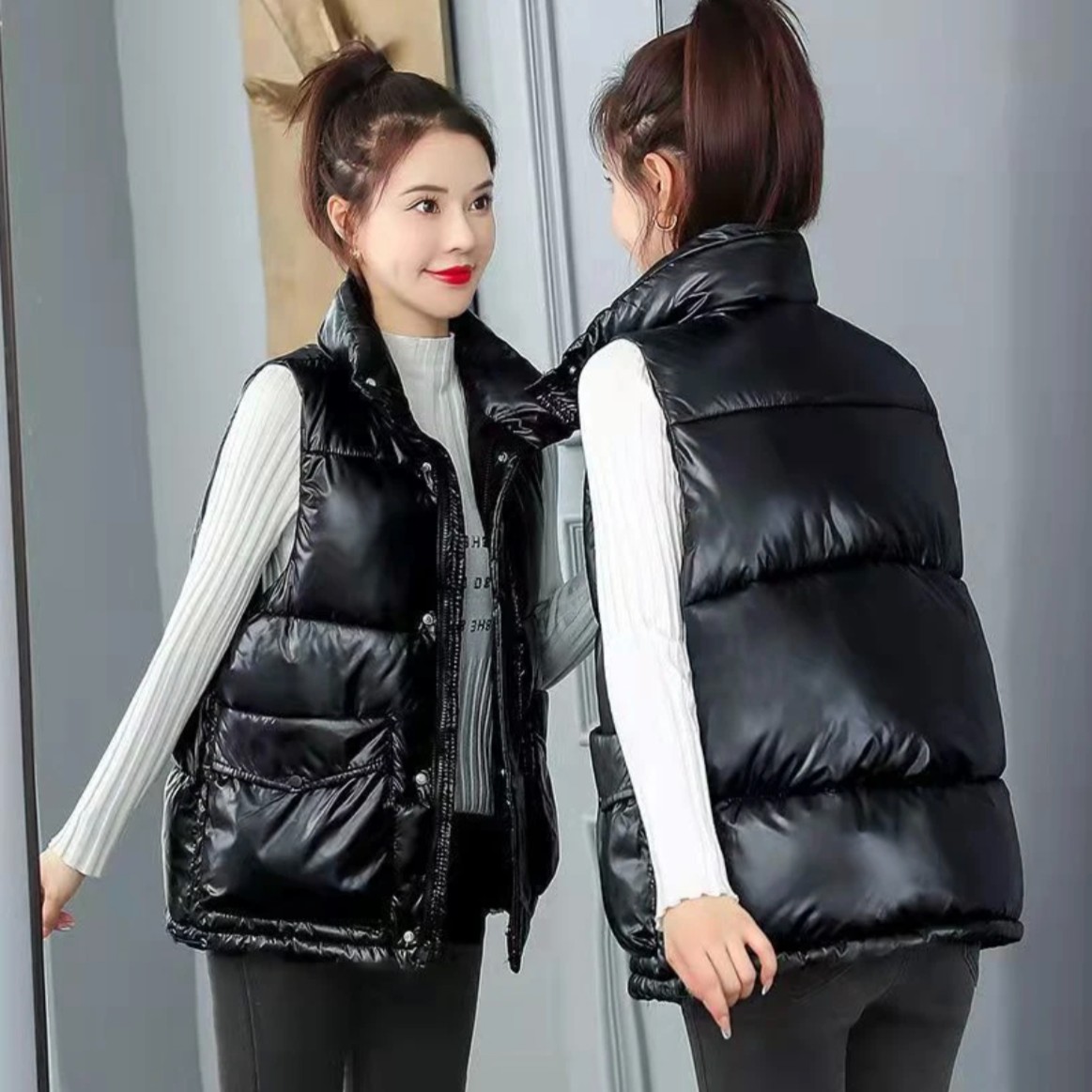 23年秋冬新款时尚宽松外穿棉服马甲洋气亮面免洗休闲百搭棉马甲女