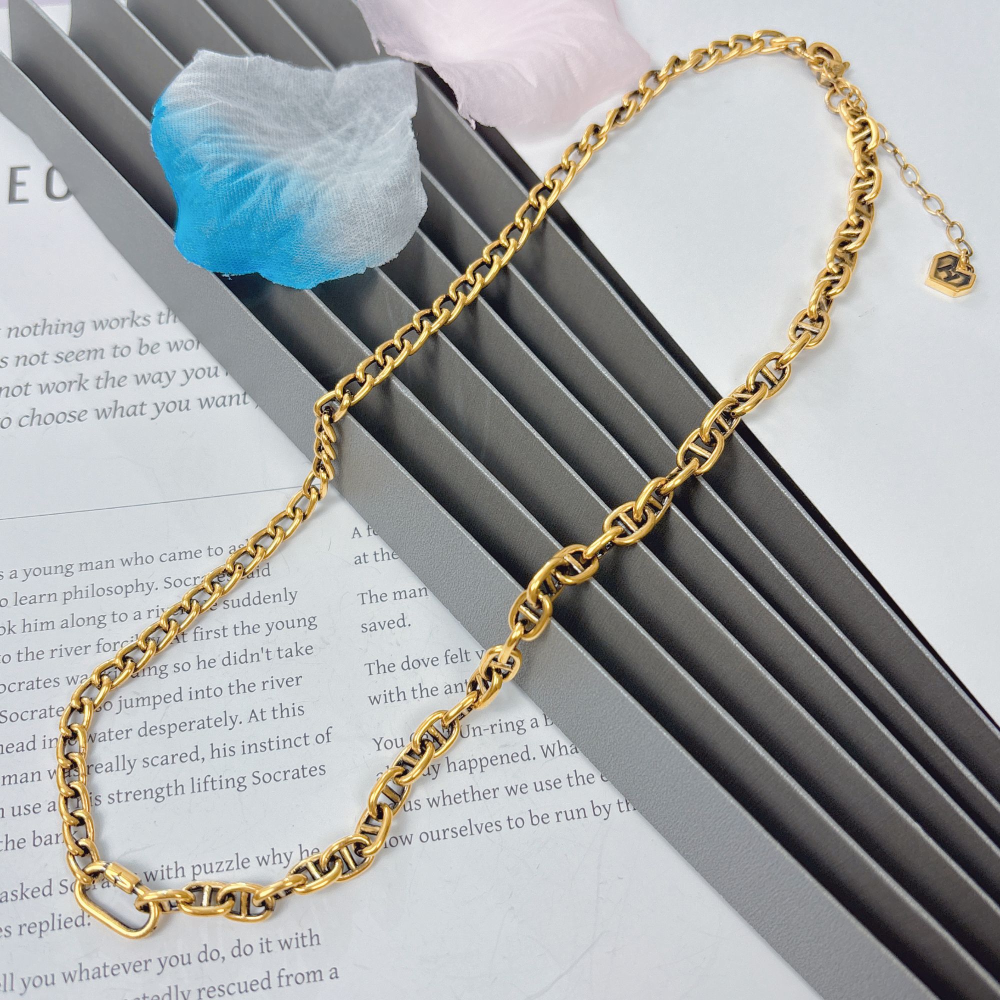 水贝千玺珠宝 猪鼻子古巴拼接链AB链足金999项链黄金复古电黑套链