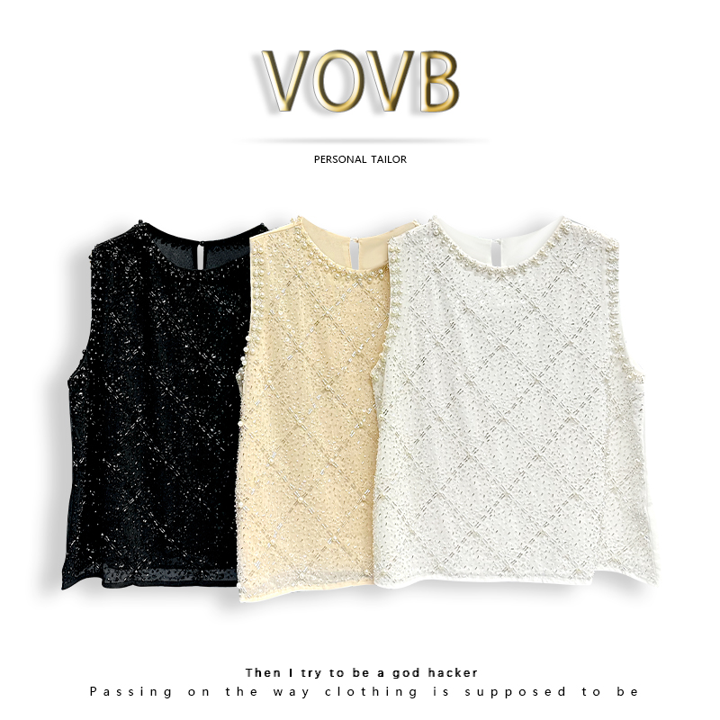 VOVB轻奢新款菱形格重工钉珠时尚宽松显瘦无袖小背心上衣女-2010