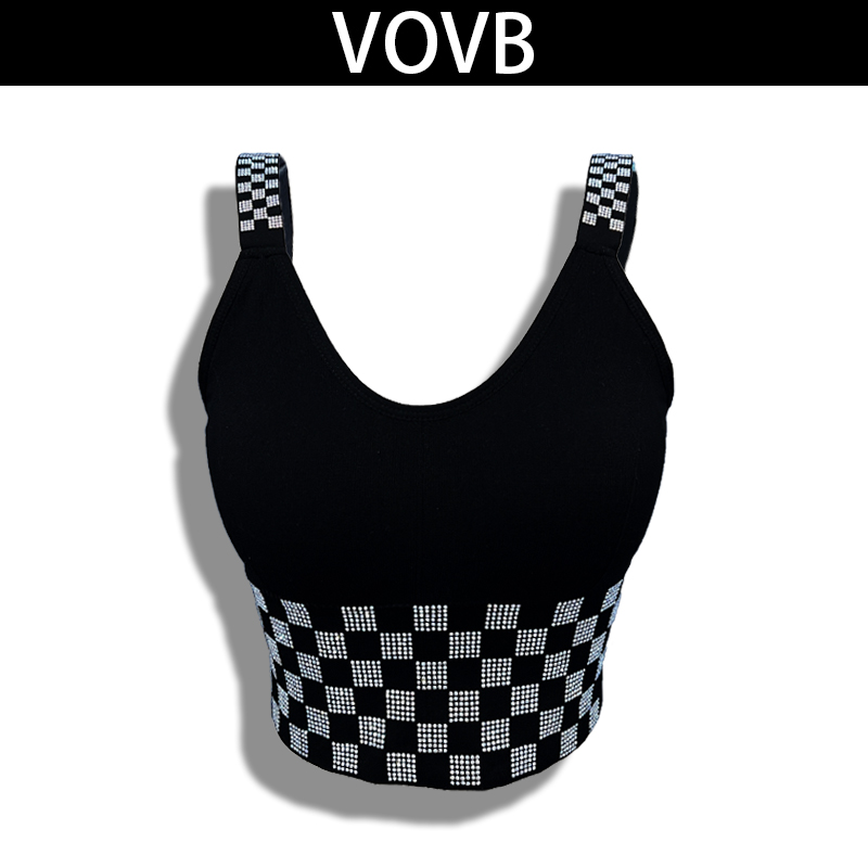 VOVB轻奢新款百搭棋盘定制钻钻黑白时尚潮品胸垫打底背心吊带-088