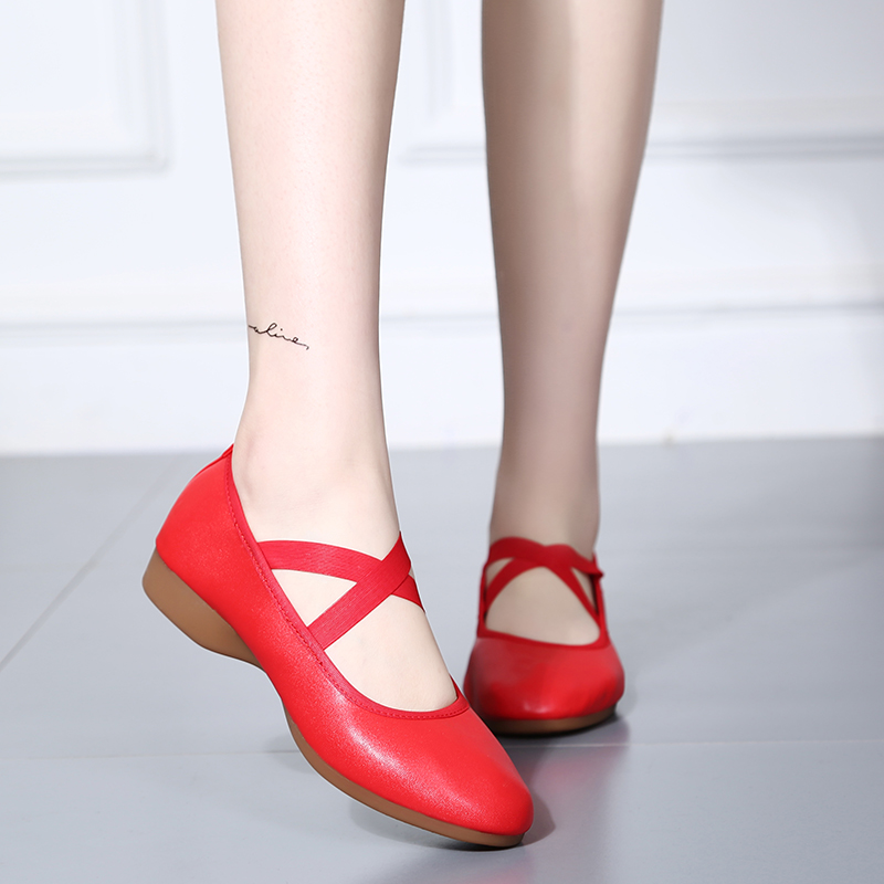 828全皮广场舞鞋女士平底红色中跟练功舞鞋夏软底平底舞鞋