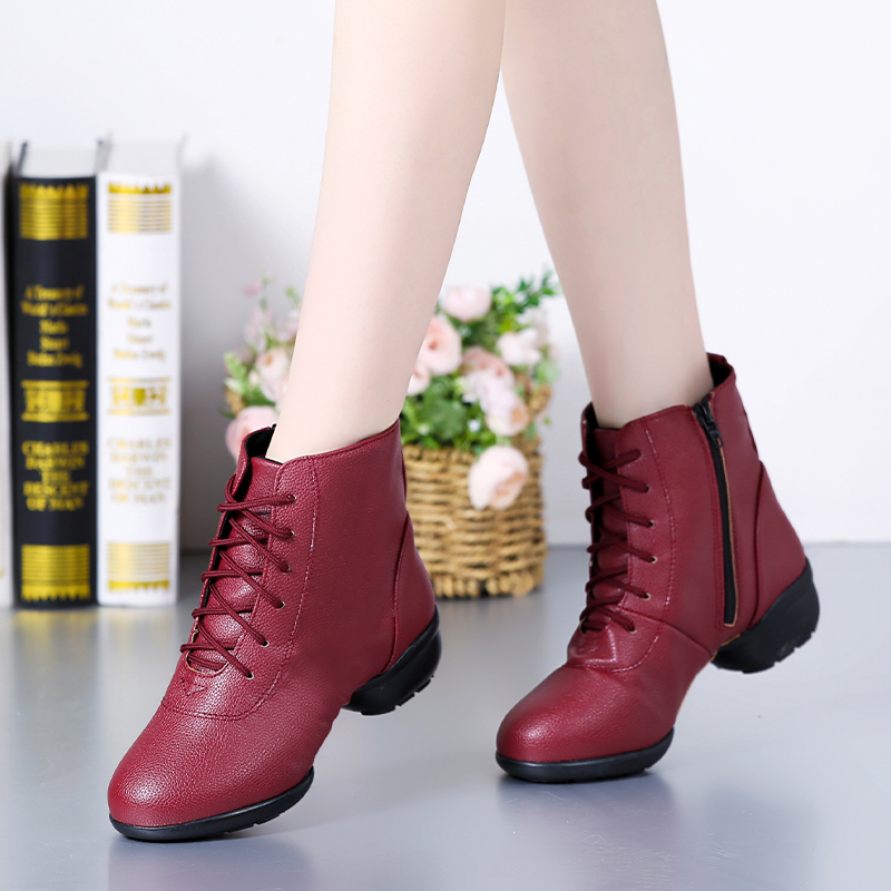 真皮广场舞舞蹈鞋中跟透气休闲妈妈鞋中老年加绒爵士秋冬季