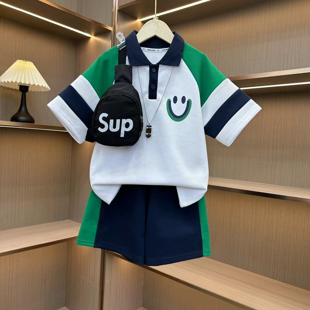 D现货黑熊亲子两件套套装童装夏季洋气笑脸polo衫中大童不含包