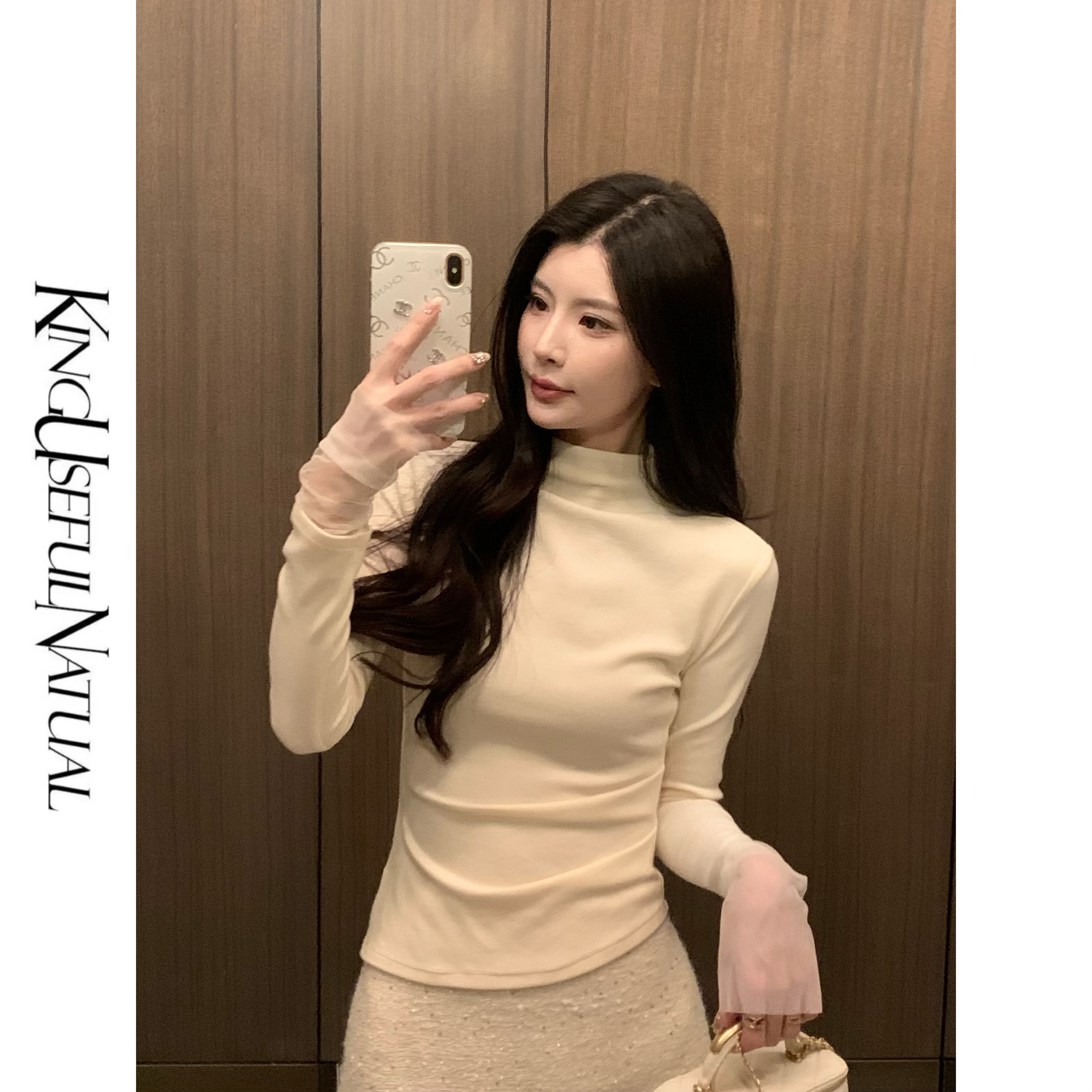 KUN【奶油云雾】巨巨巨舒服 柔软亲肤弹力袖口网纱腰部打褶打底衫