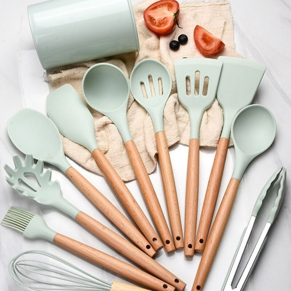 小清新木柄硅胶不粘锅铲炒菜煎铲汤勺漏勺油刷烘焙烹饪12件北欧风