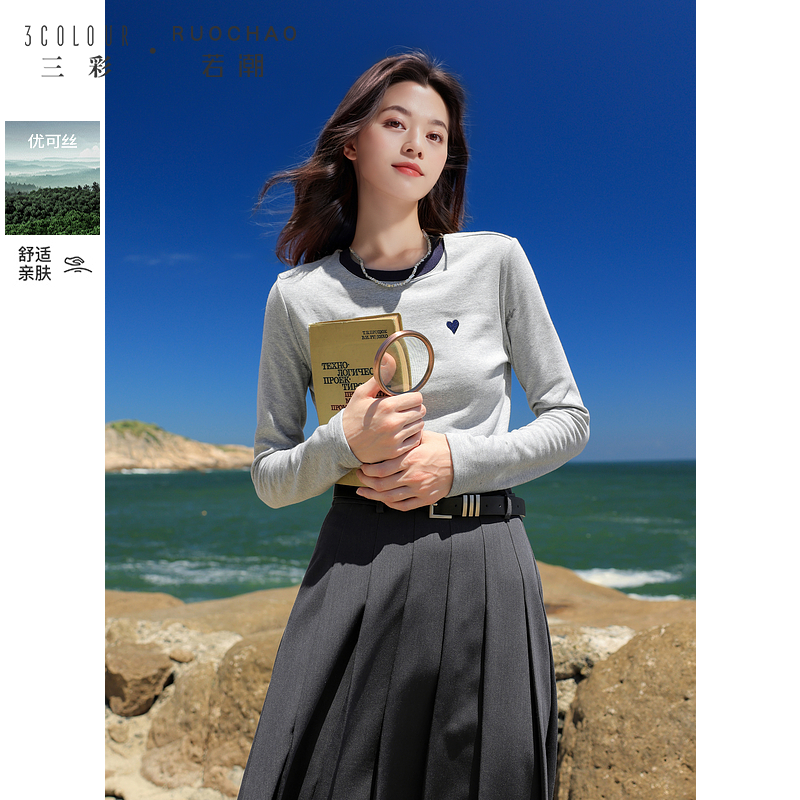 三彩大码女装2025春季新款圆领磨毛T恤简约爱心刺绣显瘦胖MM