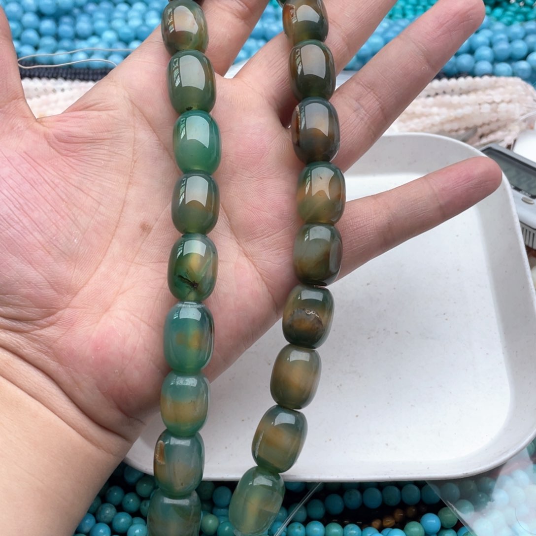 玛瑙/玉髓珠宝半成品钛钢一条装14mm深色绿玛瑙桶珠