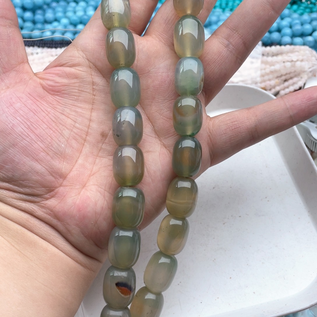 玛瑙/玉髓珠宝半成品钛钢一条装14mm浅色绿玛瑙桶珠