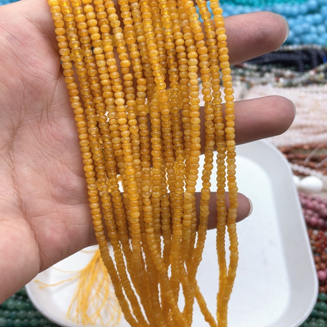 玛瑙/玉髓珠宝半成品未镶嵌三条装卡3mm缅黄玉算盘珠