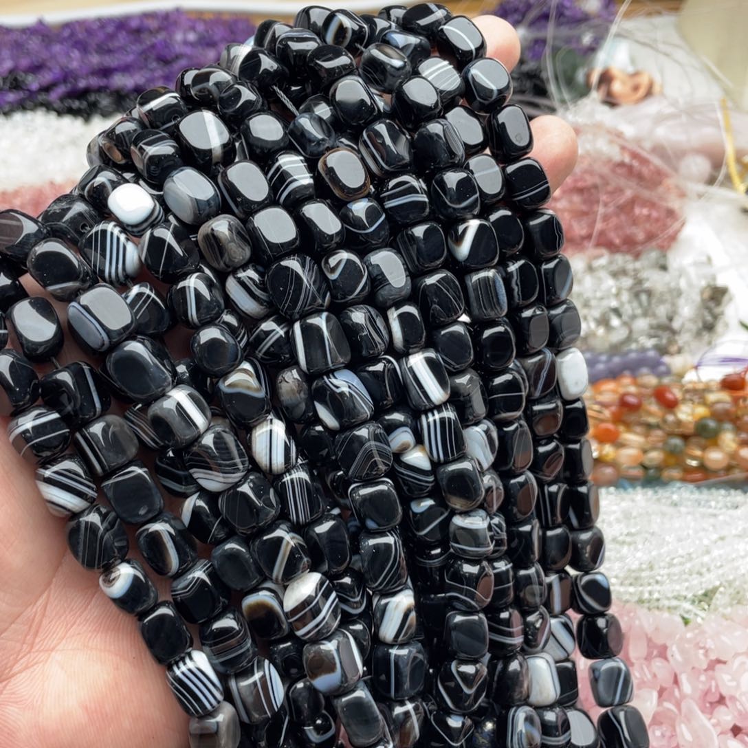 玛瑙/玉髓珠宝半成品未镶嵌一条装黑玛瑙方糖散珠卡8mm