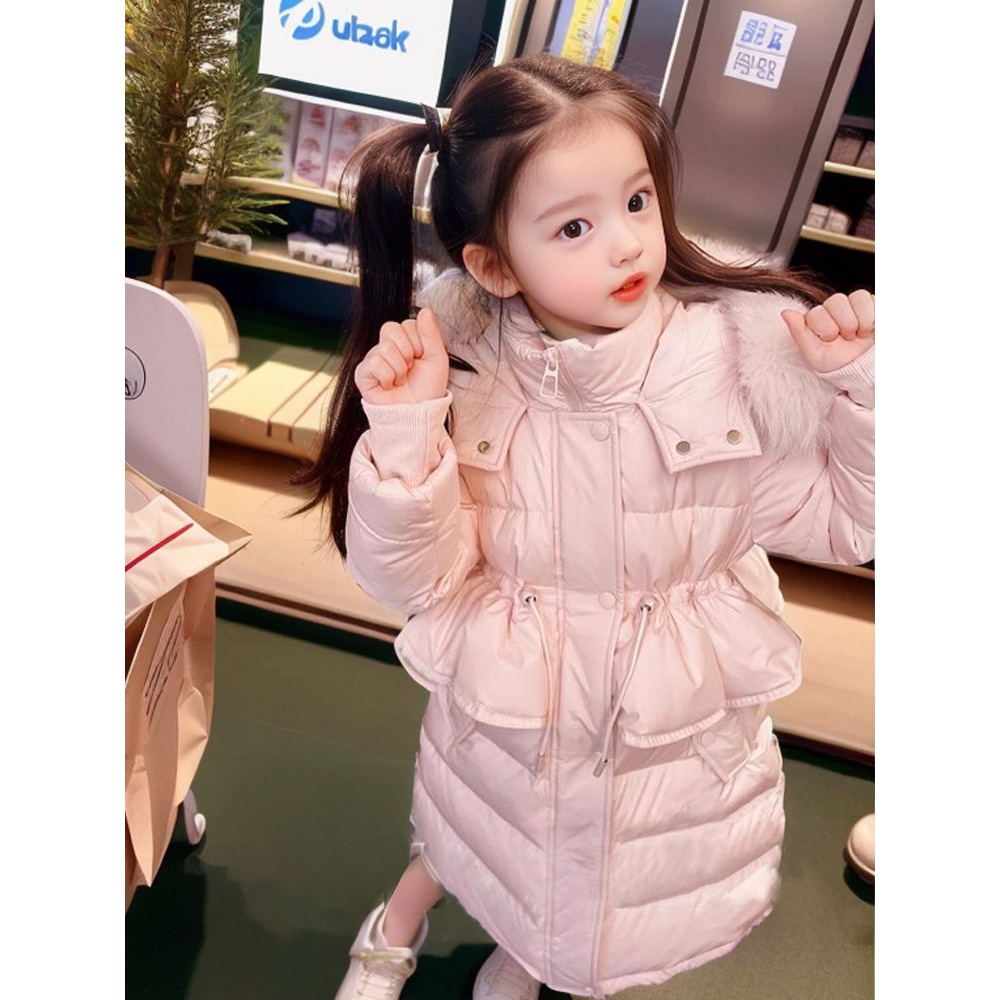女童棉服冬季2023新款洋气中长款棉衣棉袄收腰加厚连帽外套潮