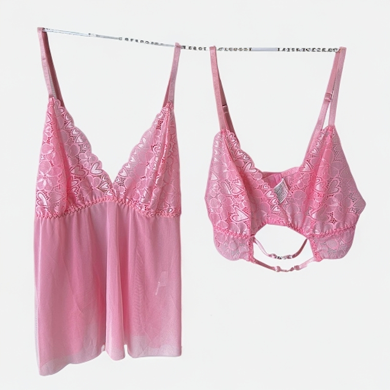 思吾大码蜜桃性感蕾丝睡裙吊带配桃心内裤睡衣吊带两件三件套装