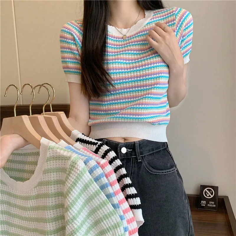 美式辣妹chic正肩条纹针织短袖T恤女夏季设计感别致显瘦短款上衣