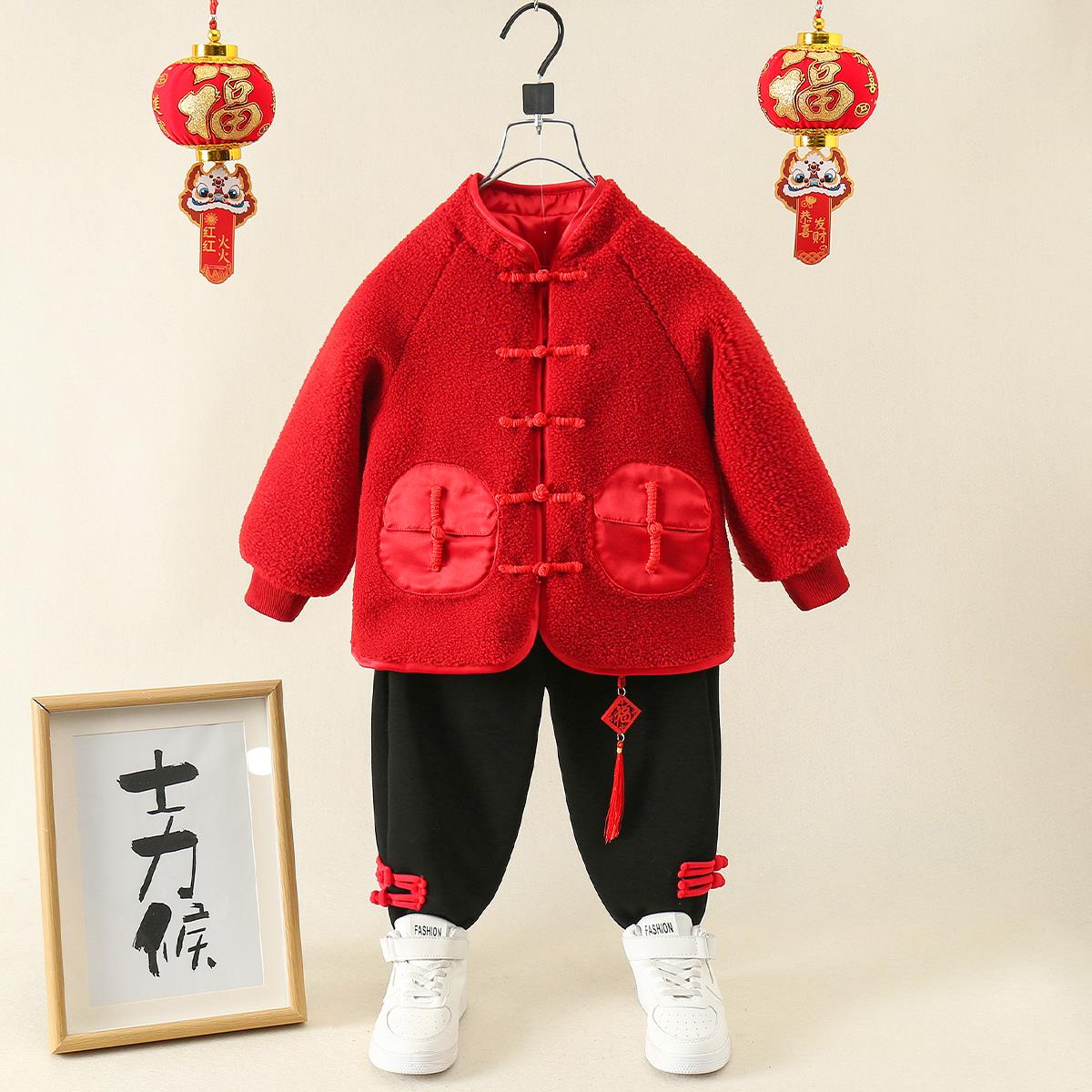 拜年服男童加绒套装冬季2024国风儿童唐装男孩汉服宝宝过新年衣服