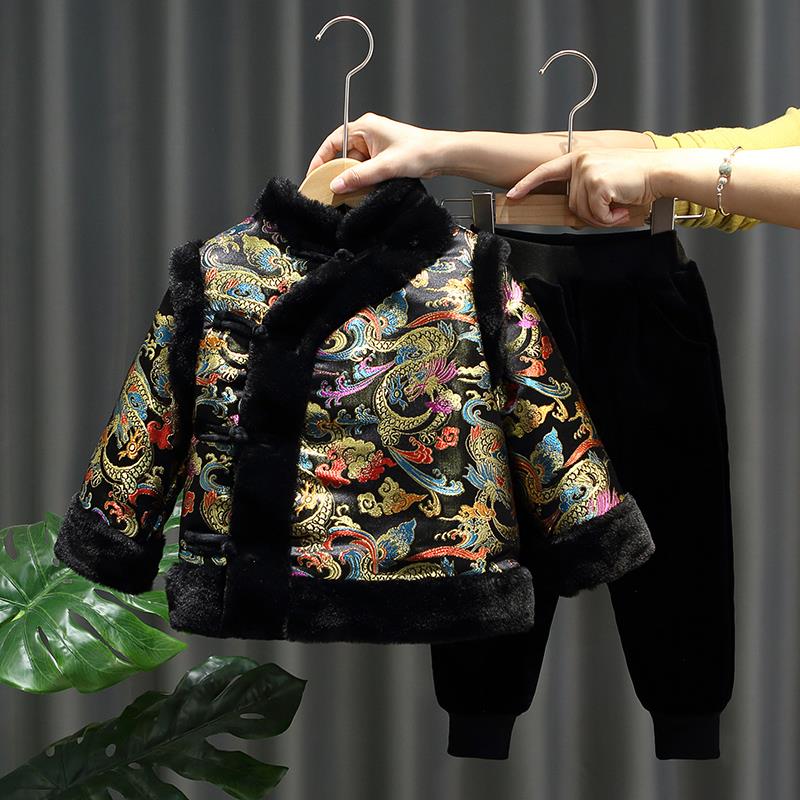 宝宝冬季加绒加厚拜年服套装男童中国风唐装小儿童喜庆汉服新年装