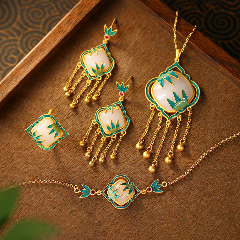 铜合金项链 国潮复古珐琅小众节节高竹韵古风耳环项链戒指套装