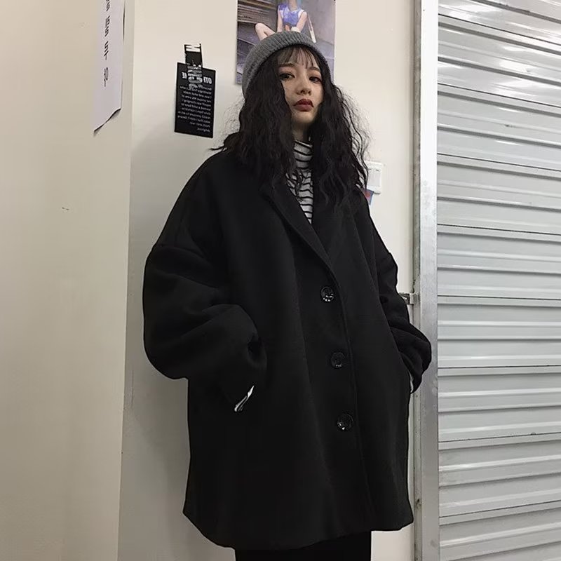 毛呢西装外套女秋冬百搭赫本风日系黑色呢子大衣中长款潮流风衣